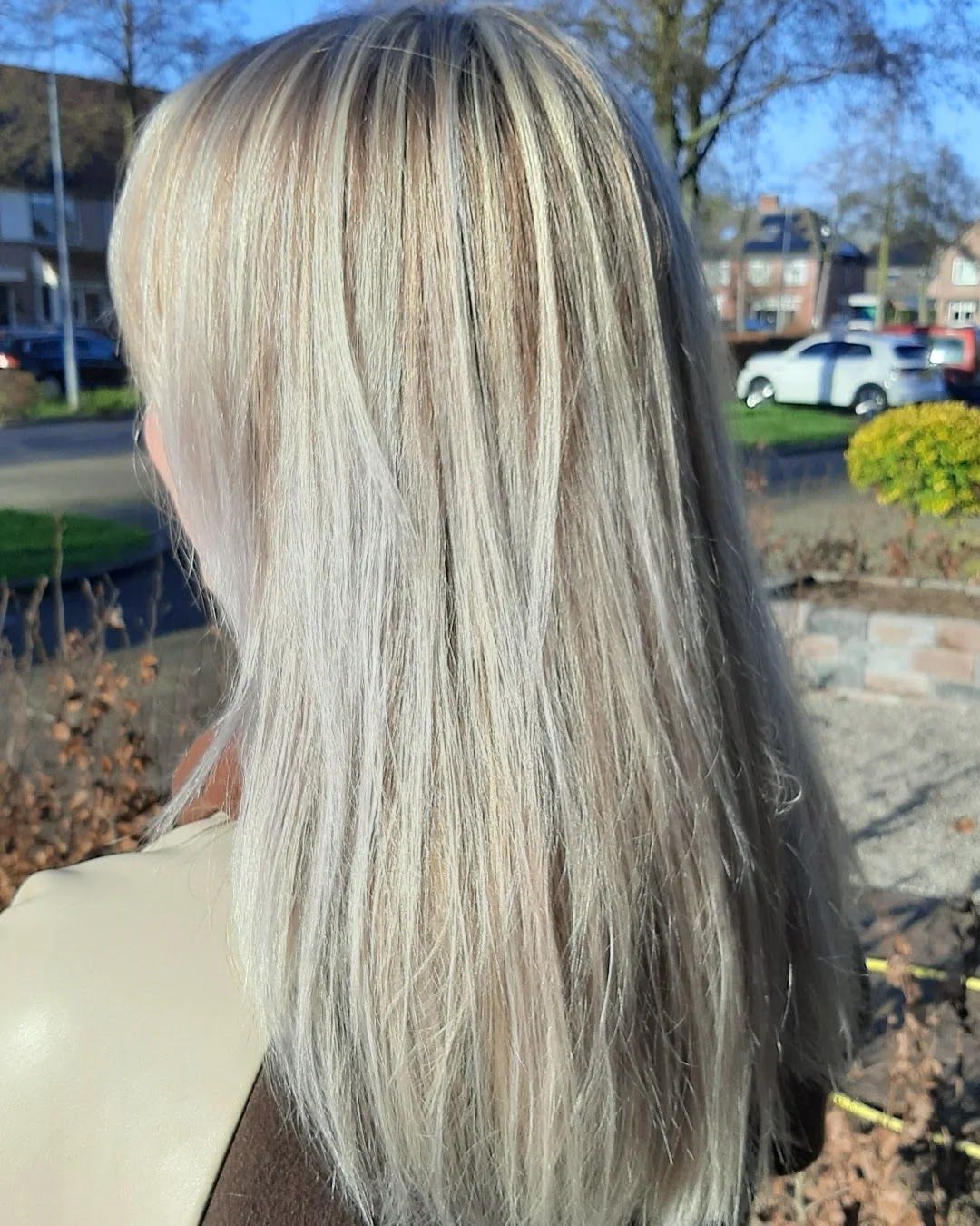 Lang, steil ijsblond haar, buiten gefotografeerd